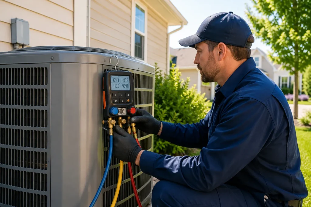 Technician checking an outdoor cooling unit with diagnostic equipment.