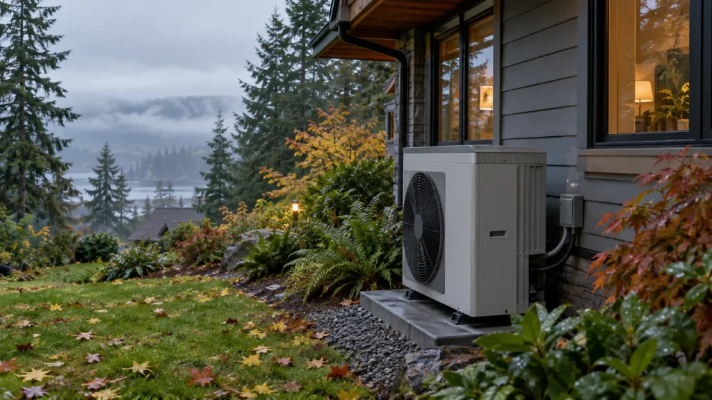 Outdoor heat pump beside a home with autumn landscaping.