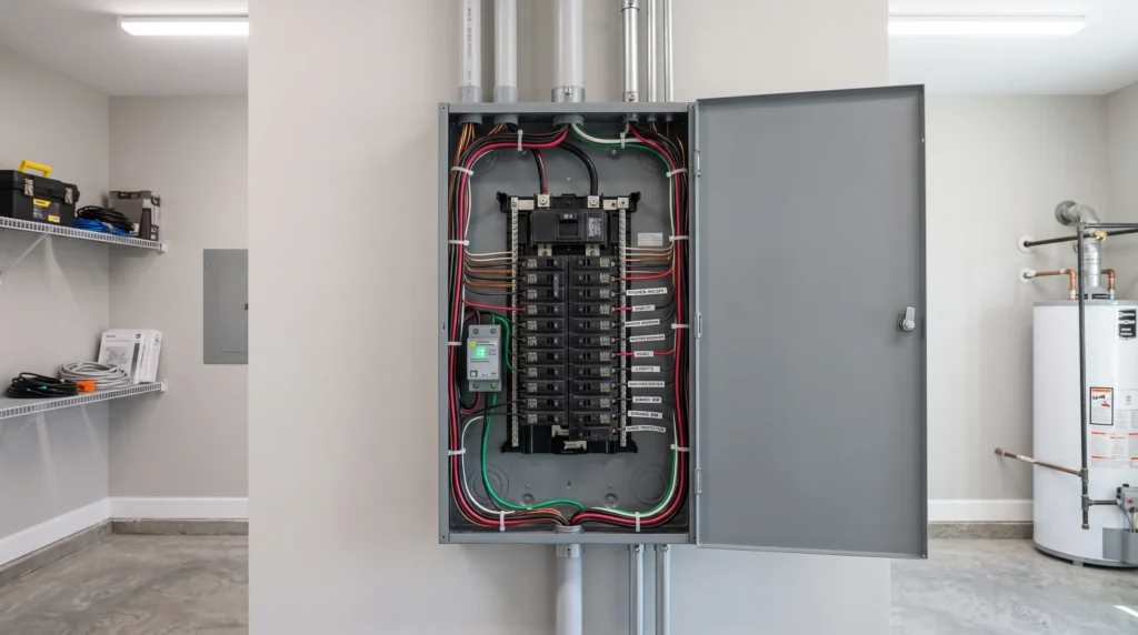 Open residential electrical panel with circuit breakers and wiring.
