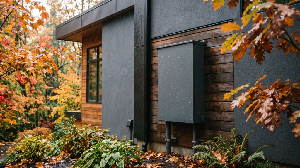 Electrical equipment mounted on a home's exterior wall.