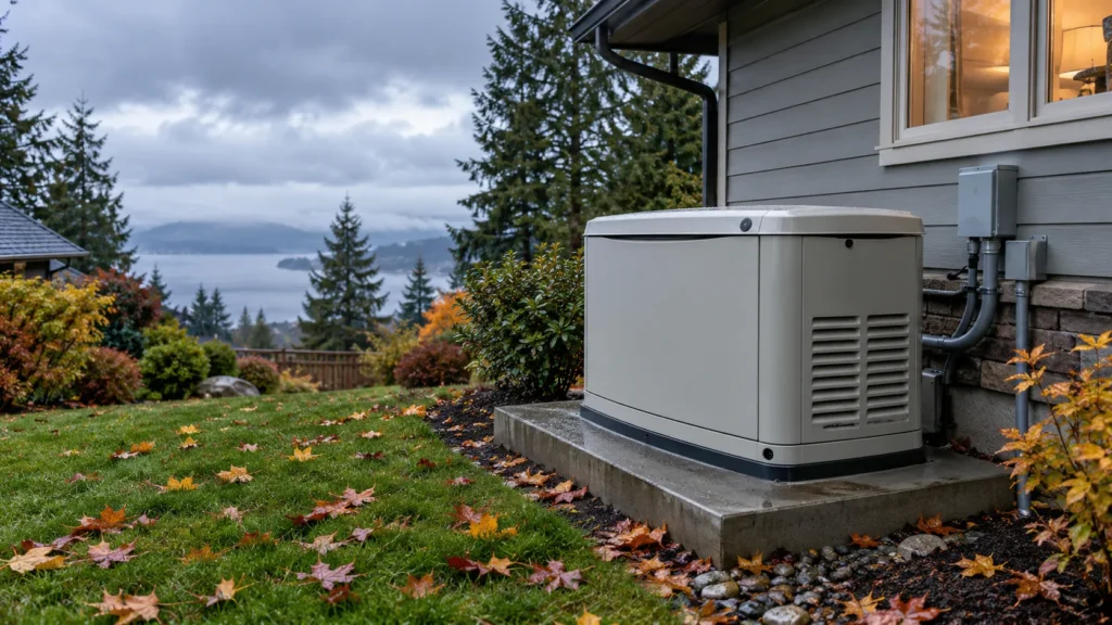 Standby generator on a pad beside a home.