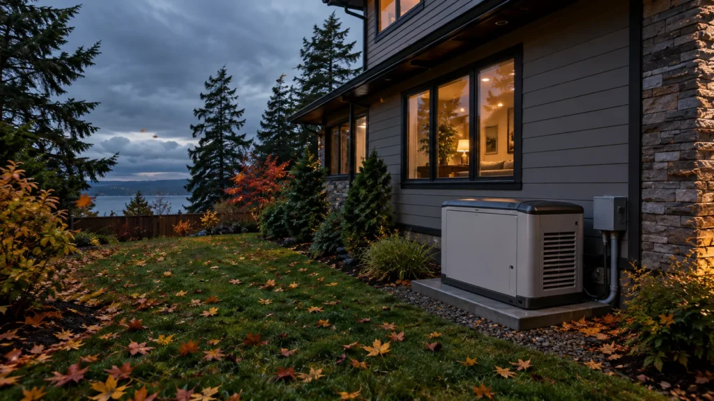 Standby generator beside a home with autumn landscaping.